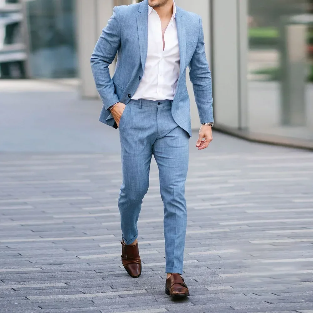 Mens Fashion Blazer - Blue Summer Linen Smart Casual Men