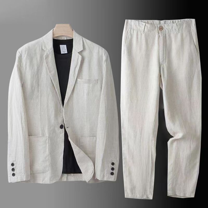 Mens Fashion Blazer - Spring Autumn Fashion Men Linen Two-piece