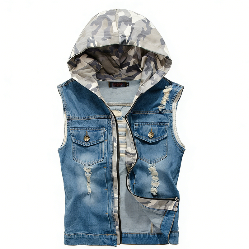 Men'S Fashion Vest With Jeans - Spring Summer Mens Camo Hooded Denim
